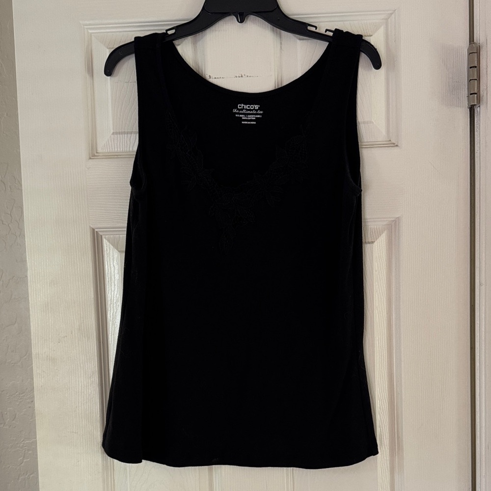 Chico's Classic Black Sleeveless Tank With Embroidery Detail on Neckline